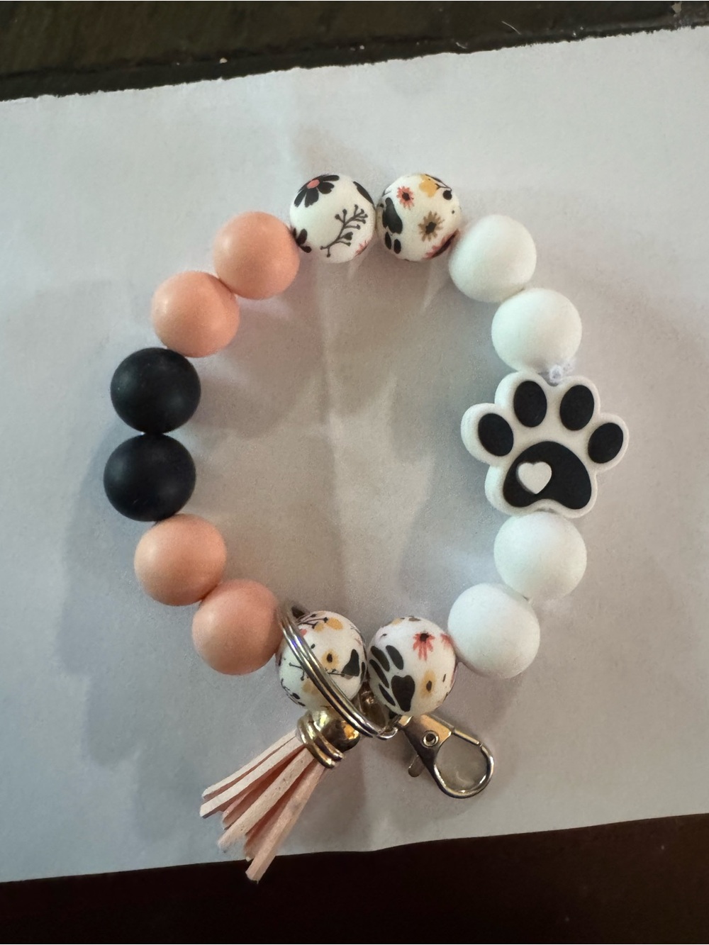 Paw Print Beaded Keychain Bracelet - White, Peach, Black